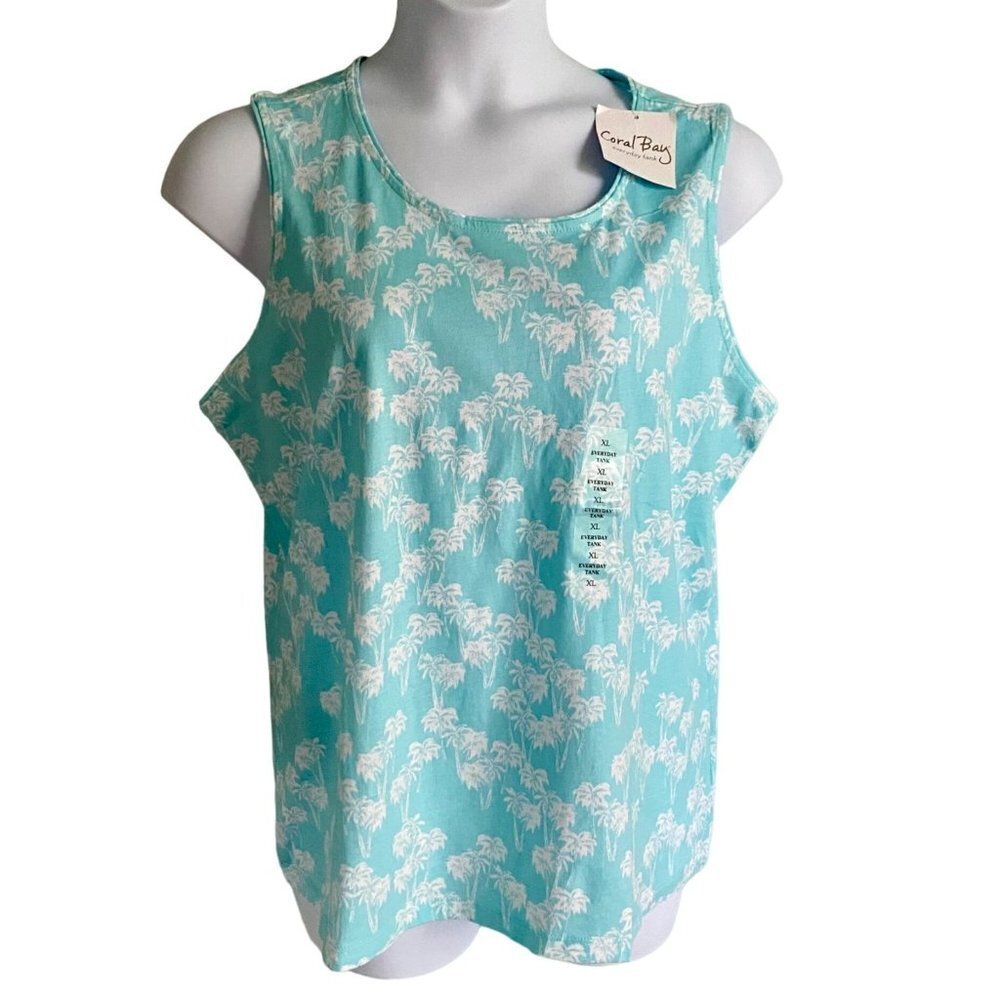Coral Bay Sleeveless Every Day Tank Blue White Palm Trees Women's Size XL NEW - Picture 2 of 7